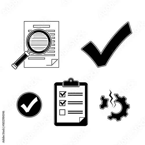 Business process management icons, including document review, checklist, and broken gear.