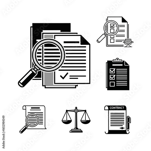 Collection of legal document icons, including contracts, checklists, and scales of justice.
