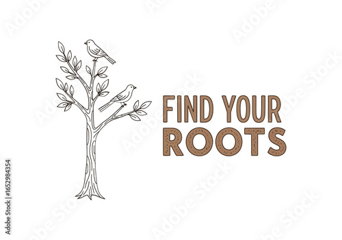 Find your roots quote with tree and bird isolated on white background