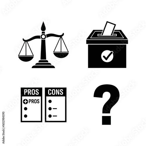 Icons representing voting, pros and cons, and uncertainty.