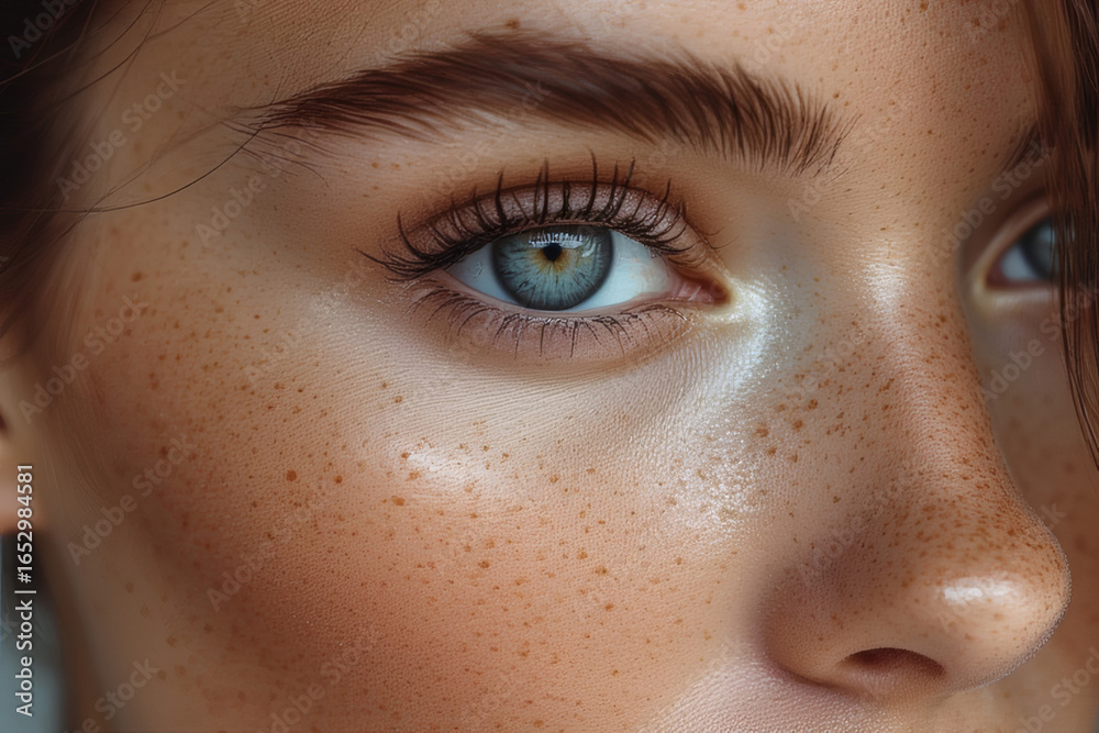 Fototapeta premium Hyper-Real Freckled Skin Macro with Blue Eye and Natural Glow