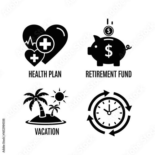 Icons representing health plan, retirement fund, vacation, and time management for financial planning.