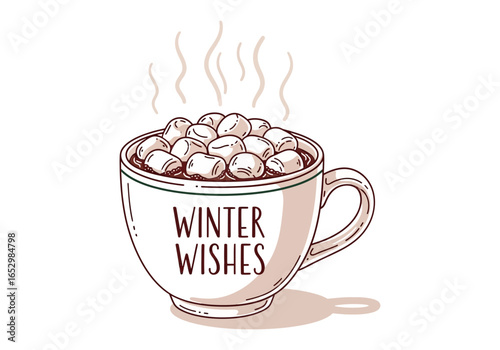 Hot chocolate with marshmallows and text winter wishes isolated on white background