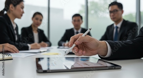 Business people in a meeting using a tablet and pen on a table.