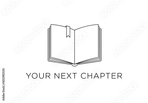 Open book with bookmark and text your next chapter isolated on white background