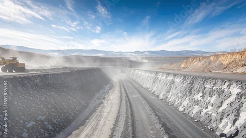 Rare Earth Mining Operations in Scenic Landscape with Equipment and Dusty Pathway