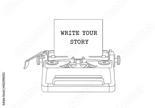 Typewriter with write your story text isolated on white background