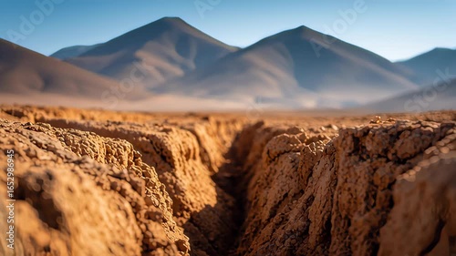 Unique Geological Formation in a Desert Landscape with Mountains in the Background