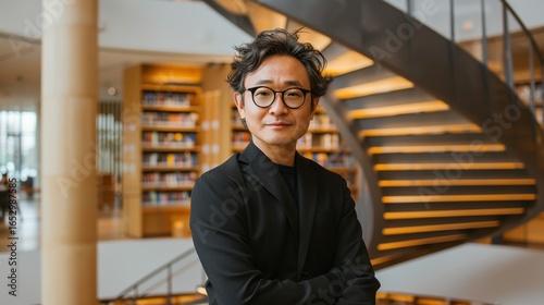 Asian graduate's professional corporate portrait in a modern university library, featuring a blurred spiral staircase with strong leading lines under professional lighting.