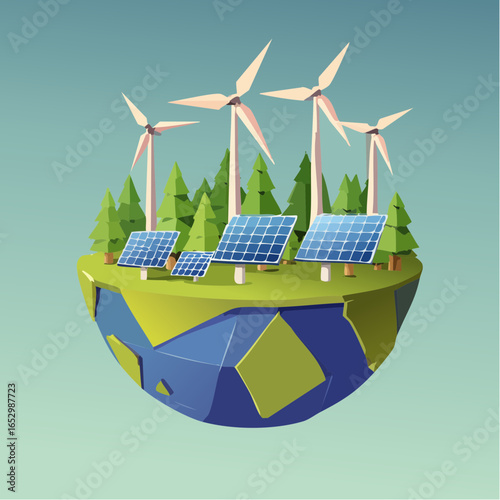 Illustration 3D low poly planète durable avec énergie verte
