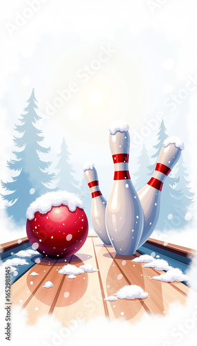 Snow-covered bowling lane with pins and ball, festive holiday winter game scene
