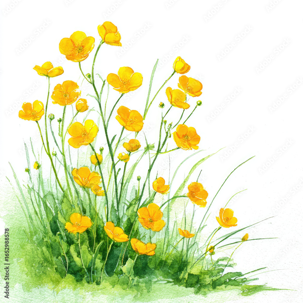 Fototapeta premium Bright yellow buttercup flowers blooming with fresh green grass