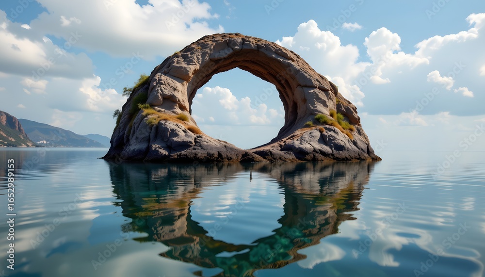 Fototapeta premium a ring shaped rock formation rising from the water, mirrored below.