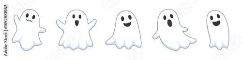 Set cute ghosts on white background. The symbol of the Happy Halloween holiday. White ghosts with smile for your design holiday Halloween. Vector illustration.