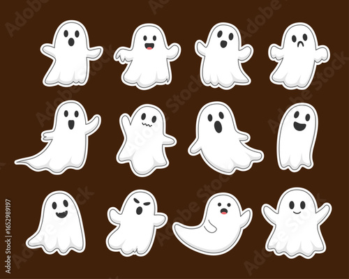 Set of cute cartoon sticker ghosts in various poses and expressions, perfect for Halloween designs. Isolated on black background. Vector illustration.