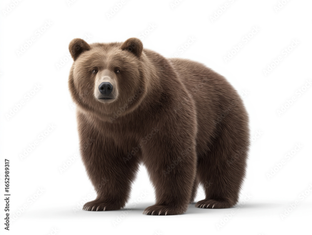 Fototapeta premium Realistic brown bear standing upright on white background, showcasing its thick fur, strong physique, and natural expression, representing wildlife and nature conservation themes