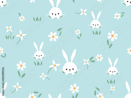 Seamless pattern with bunny rabbit cartoons and daisy flower on green grass background vector.