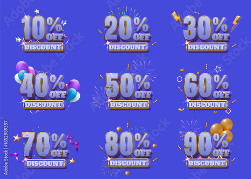 3D numbers. Sale font. Shopping discount percent. Flying balloon and firework. Alphabet for anniversary or birthday offer. Numeral sign shapes. Promotion text. Vector price off icons set