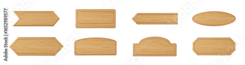 Wood frame. Wooden sign board, 3d game plaque or blank signboard different forms. Nail bar label, farm name billboard. blank banners, design templates. Vector realistic icon set