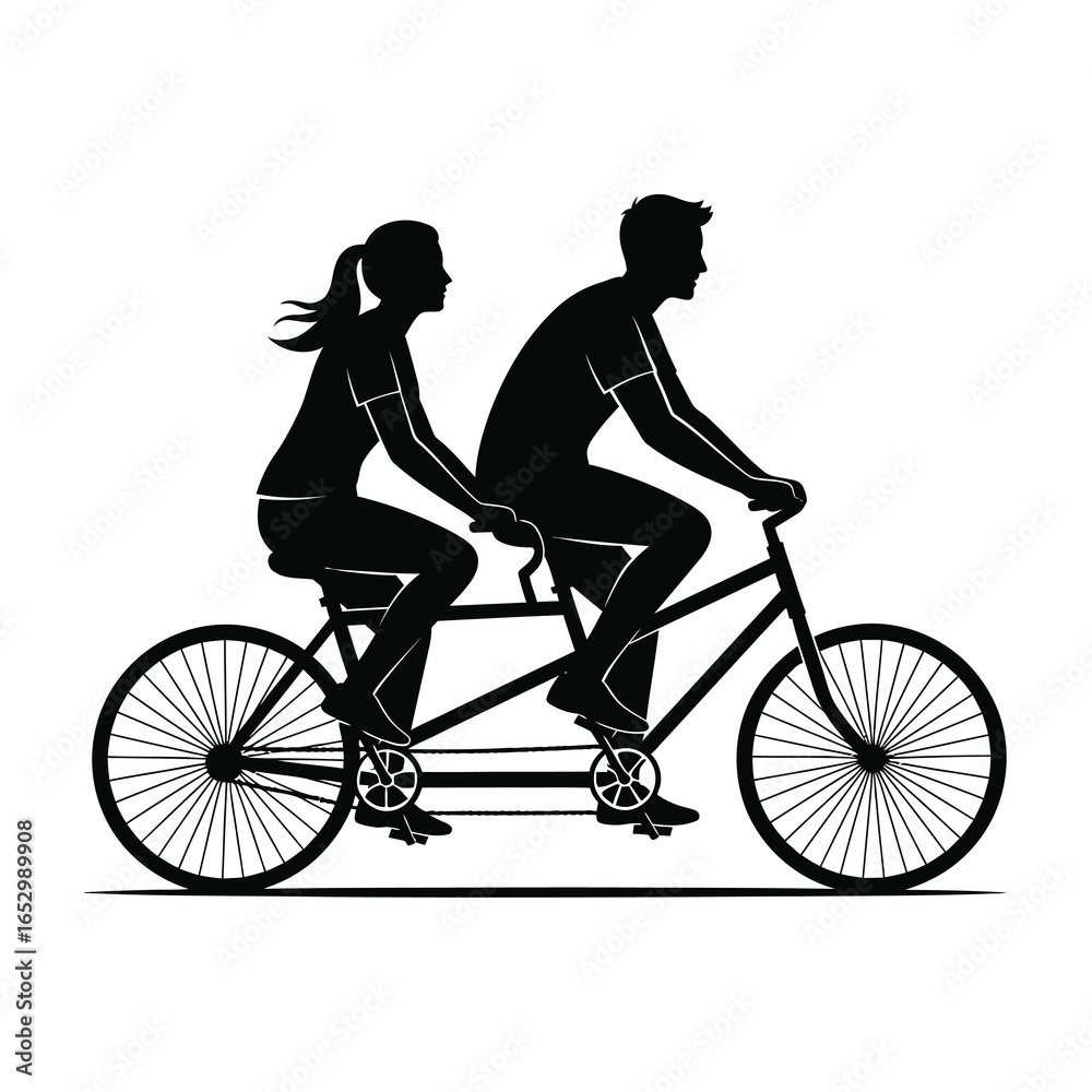 Fototapeta premium Couple riding a tandem bicycle isolated on white background, a romantic journey together, enjoying a healthy and active lifestyle in silhouette
