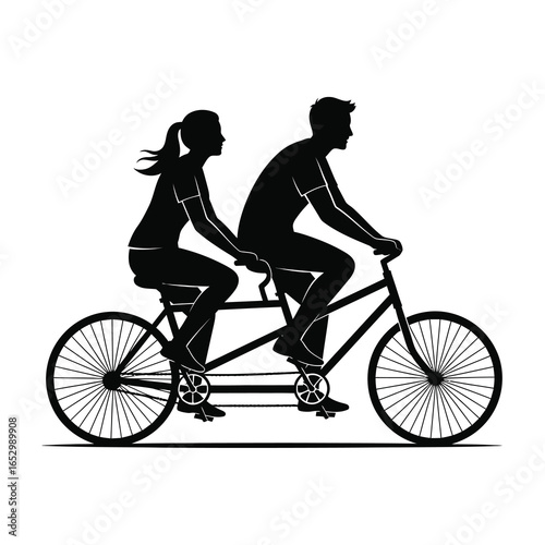 Couple riding a tandem bicycle isolated on white background, a romantic journey together, enjoying a healthy and active lifestyle in silhouette