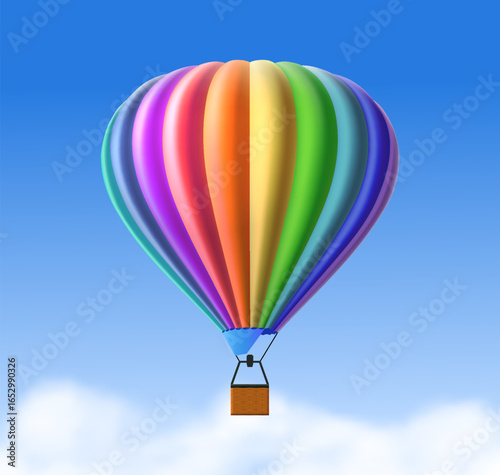 Realistic airship balloon. Colorful rainbow colors striped dome aerostat with basket in blue sky under clouds. Air transport and entertainment. Flying vehicle. Vector 3d illustration