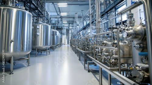 A large industrial manufacturing facility with stainless steel tanks and pipes, industrial machinery, and a clean, white floor.