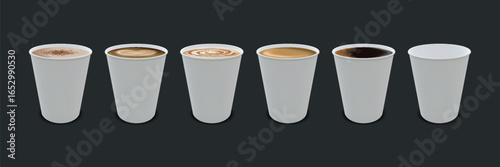 Paper cup. Hot coffee. White cardboard disposable glass for cappuccino or tea. Mocha latte in cafe mug. Realistic brown espresso template. Vector realistic objects set Barista menu.