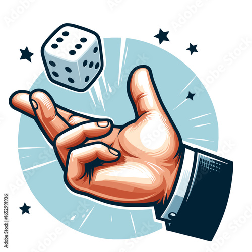 Hand Throwing Dice in Retro Comic Style Ideal for Risk, Chance, or Gambling-Themed Designs and Editorial Illustrations