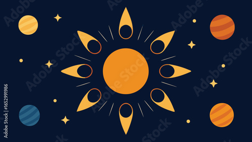 Stylized Sun with Celestial Bodies and Stars in Flat Design Keywords: space, sun, stars, planets, celestial, cosmos, universe, astronomy, orbit, outer space, science, transparency background