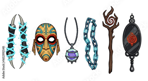 Collection of fantasy magical items, including mask, claws, necklace and mirror.