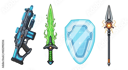 Cartoon Style Weapons Lineup: Gun, Sword, Shield, and Spear