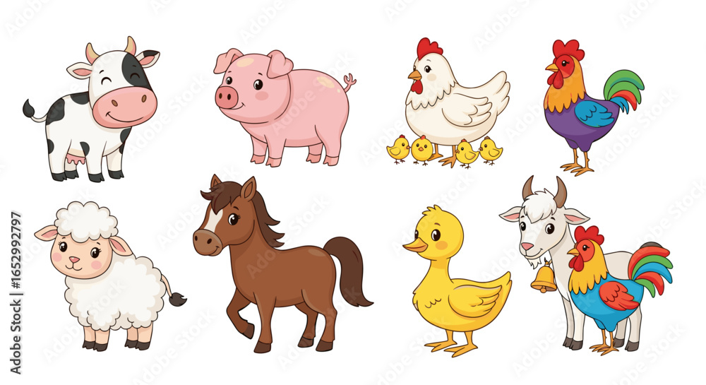 Naklejka premium Farm animal cartoon characters standing isolated on a white background
