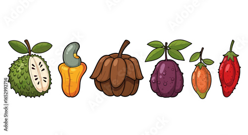 Exotic Fruit Medley: Colorful Cartoon Style Still Life Illustration