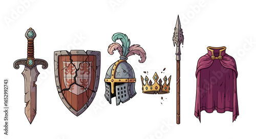 Medieval royal attributes: sword, shield, helmet, crown, spear, and cloak