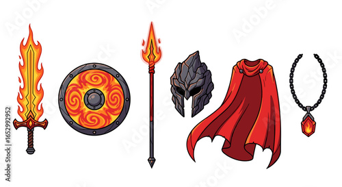 Fiery warrior's equipment set with sword, shield, spear, helmet, cape, amulet