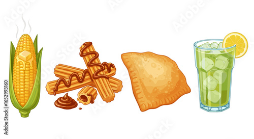 Tempting Latin American Cuisine: Corn, Churros, Empanada, and Refreshing Drink
