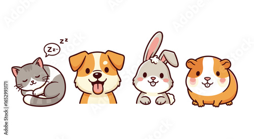 Adorable cartoon pets illustration with a cute cat, dog, rabbit, and guinea