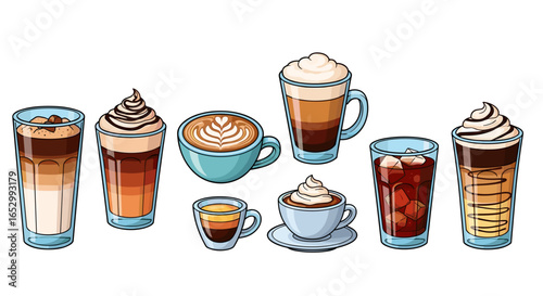 Assorted gourmet coffee beverages illustrated on a clean white background