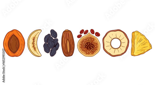 Colorful Assortment of Dried Fruits Isolated on a Clean White Background