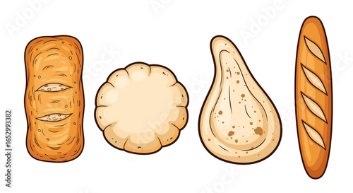 Cartoon Style Variety of Bread Loaves Isolated on White