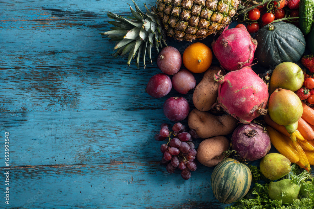 Fototapeta premium Colorful fruit and vegetable arrangement on a textured blue background creates a fresh and vibrant scene.