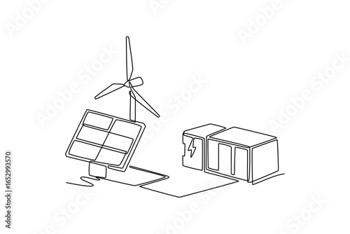 Smart grid virtual battery energy storage network concept. Single line draw design. Vector graphic illustration