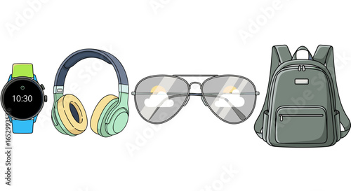 Stylish essentials: Smartwatch, headphones, sunglasses, and backpack isolated on white.
