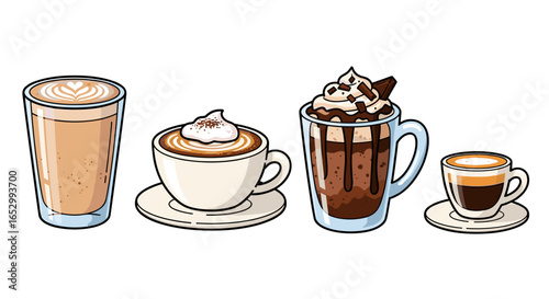 Cartoon Style Coffee Beverages Isolated on White Background for Menu