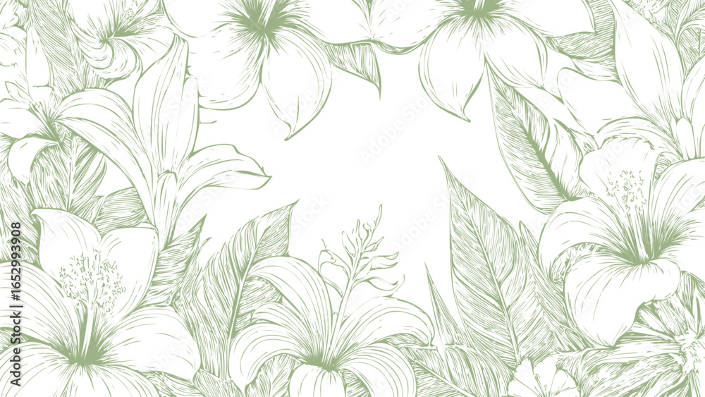 Fototapeta premium Botanical themed hand drawn flowers print seamless pattern old vintage calligraphy style green pattern on white background, sketch style