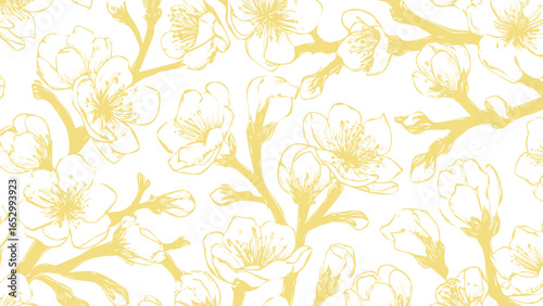 Yellow and white seamless patterns background with flowers sakura.  Botanic tropical wallpaper with daisies flower and leaves. 