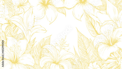 Botanical themed hand drawn flowers print seamless pattern old vintage calligraphy style yellow pattern on white background, sketch style
