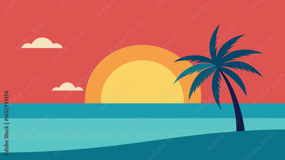Fototapeta premium Tropical Beach Sunset With Palm Tree And Clouds vector illustration transparency background