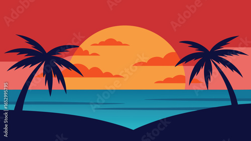 Tropical Beach Sunset with Palm Trees and Calm Ocean vector illustration transparency background